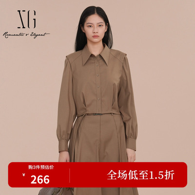 XG/雪歌XK121010A373抽褶长袖翻领衬衫2026春季新款卡其色上衣女