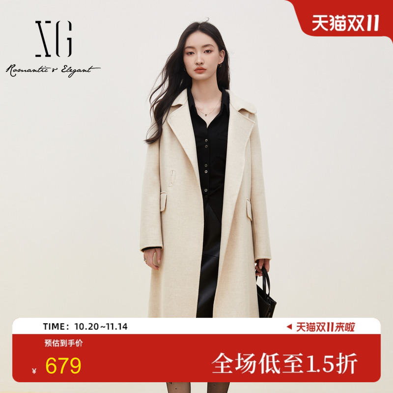 XG雪歌浅米色长袖绵羊毛风衣2024冬季新款宽松长款纯羊毛大衣女装