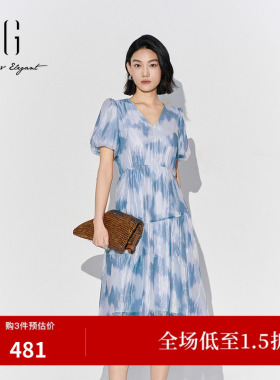XG雪歌XK204052B797晕染设计连衣裙2026夏季新款短袖印花中长裙女