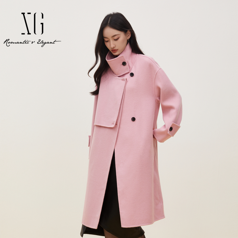 XG雪歌中长款玫红色长袖风衣2024冬季新款淑女风宽松羊毛外套女装