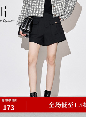 XG雪歌XJ302011A290黑色设计感休闲裤时尚秋季新款直筒工装短裤女