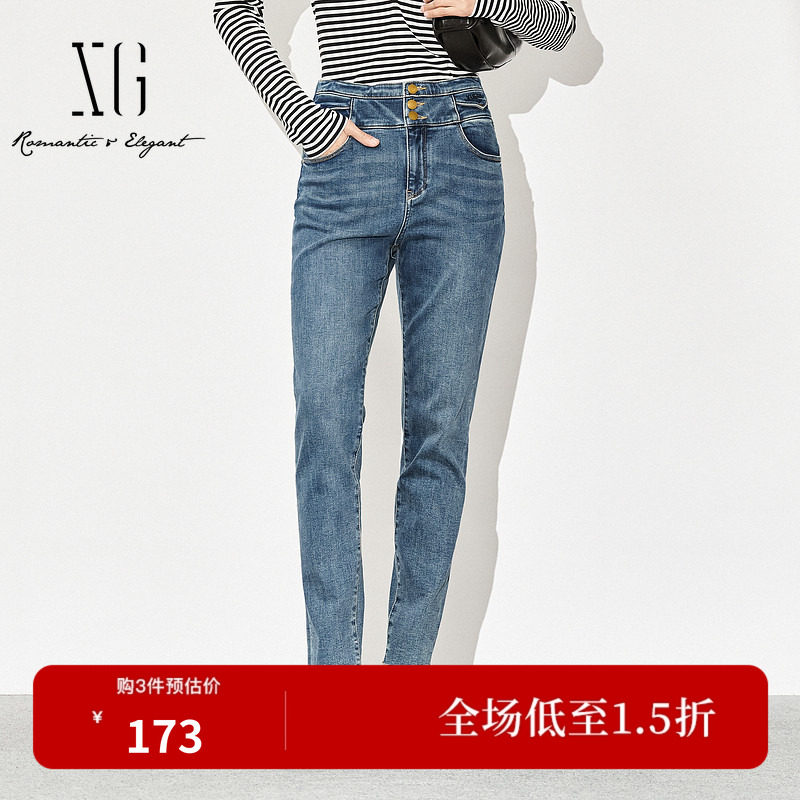 XG雪歌冬季高腰厚款直筒裤牛仔裤XJ402052A119