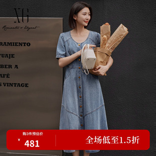 XG雪歌XK204066A219水洗牛仔短袖连衣裙2026夏季新款收腰中长裙女