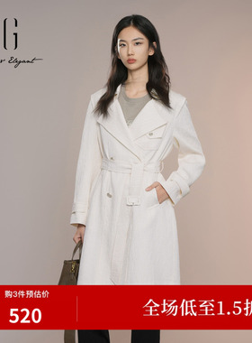 XG雪歌米白色中长款风衣2026秋季新款翻领长袖外套女XK308013A491