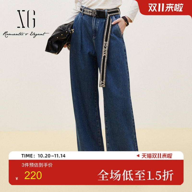 XG雪歌贴布设计深色水洗牛仔裤2024冬季新款宽松显瘦直筒长裤女装