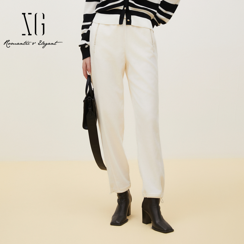 XG雪歌白色通勤简约休闲裤2024冬季新款淑女风宽松运动直筒裤女装