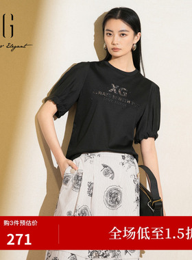 XG/雪歌XK201001A190刺绣黑色T恤2026夏季新款短袖泡泡袖上衣女