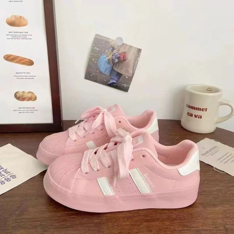 粉色厚底板鞋女贝壳头夏季新款chic小众韩版低帮百搭运动小白鞋子