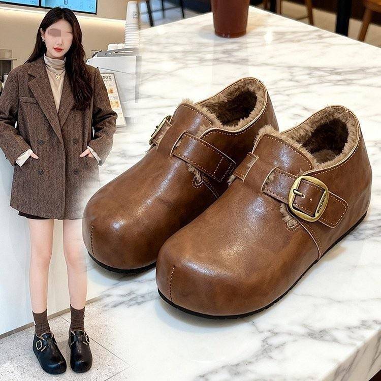 皮面复古勃肯豆豆鞋女2025冬季加绒棉鞋皮带扣百搭英伦保暖小皮鞋