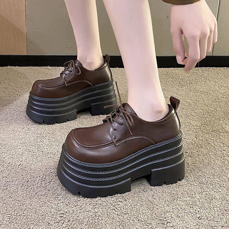 英伦风厚底乐福鞋女2025秋季新款粗跟黑色小皮鞋配裙子系带jk单鞋