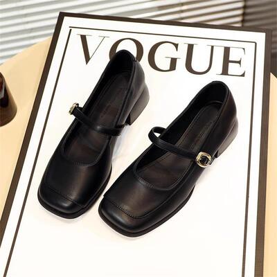 法式复古软皮一字带玛丽珍鞋女粗跟英伦风黑色中跟小皮鞋方头单鞋