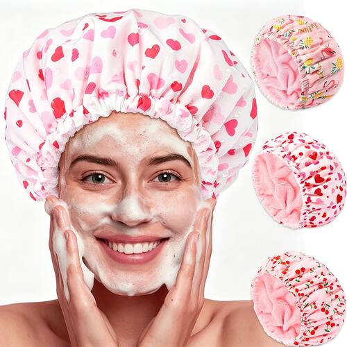 Women's Double-layer Waterproof Dry Hair Shower Cap. Love Fl