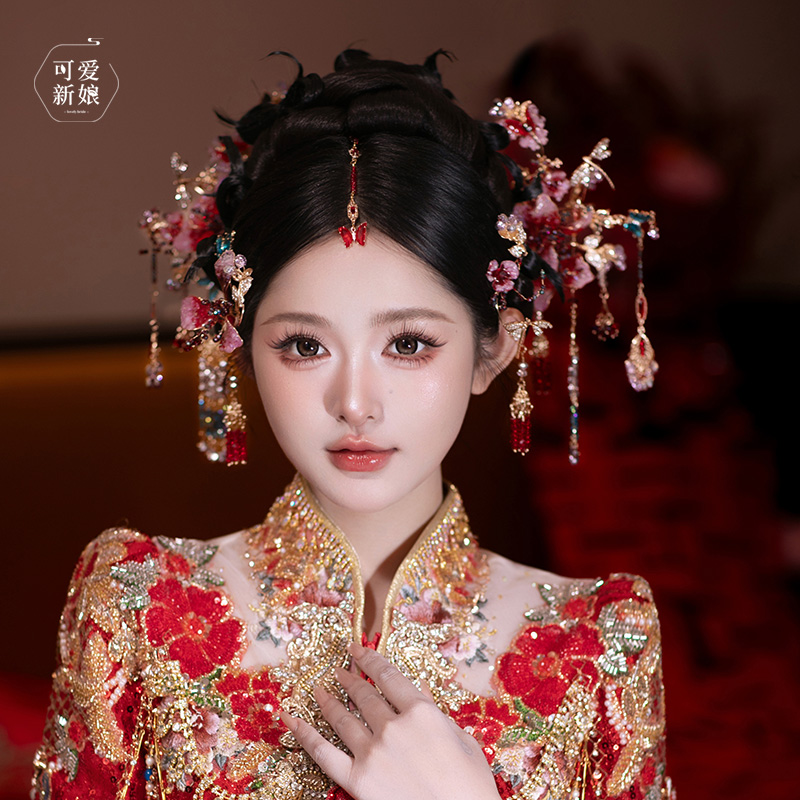 新中式新娘头饰红粉色水凝花朵