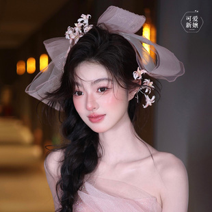 韩式新娘婚纱头饰粉色森系甜美蝴蝶结边夹高级感公主礼服造型配饰