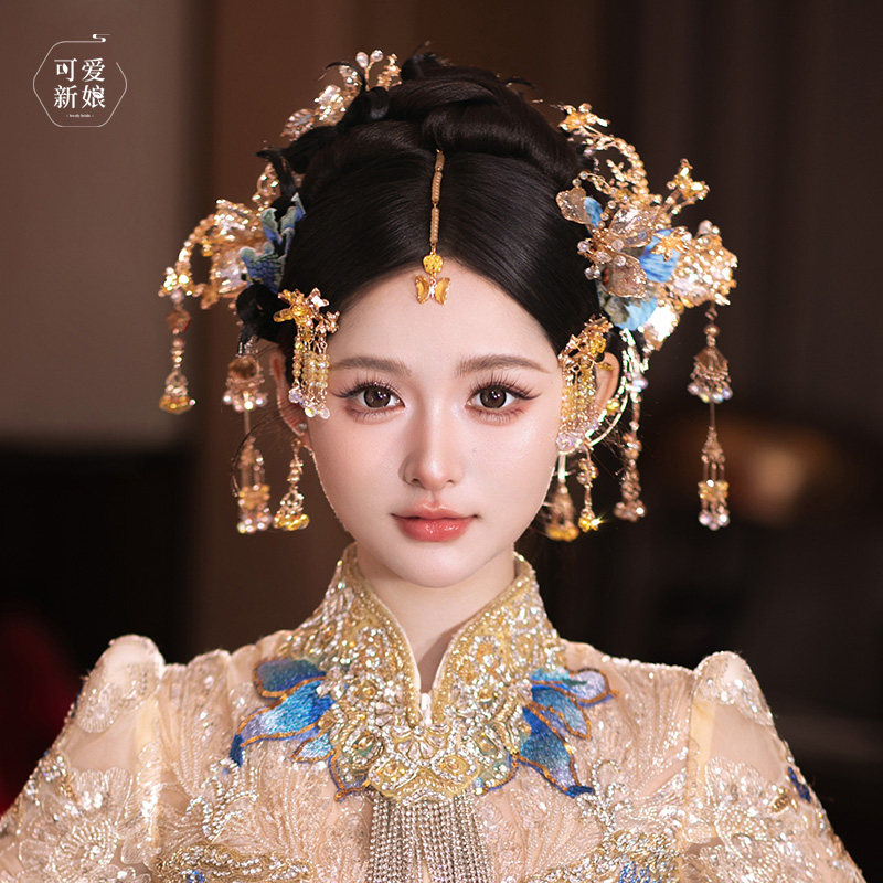 高级感新娘秀禾头饰金色水凝花朵流苏发簪中式大气减龄龙凤褂发饰