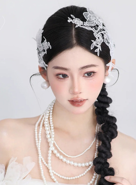 复古白色蕾丝小众法式新娘头饰2025新款结婚主婚纱礼服百搭发饰
