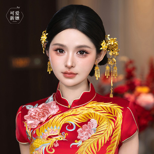 新中式旗袍头饰复古精致金色花朵发簪古典简约秀禾龙凤褂造型发饰