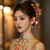 可爱新娘新款 中式 秀禾新娘头饰简约红色结婚大气结婚龙凤褂发饰品