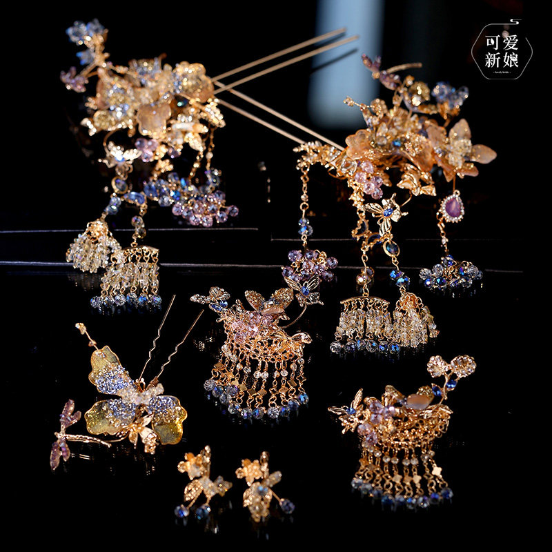 高级感新娘秀禾头饰浅色甜美金蓝撞色水凝发簪中式龙凤褂造型发饰