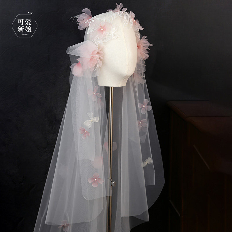 主婚纱森系灵动粉色立体烫花蕾丝公主纱新娘结婚氛围感甜美蓬蓬纱