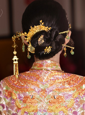 龙凤褂新娘头饰秀禾高级感金绿色晨袍发簪中式晨袍汉服古典盘发饰