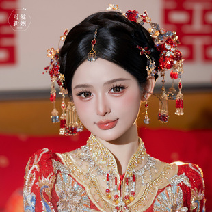 新娘结婚秀禾头饰重工大气红蓝花朵水晶发簪中式龙凤褂造型发饰