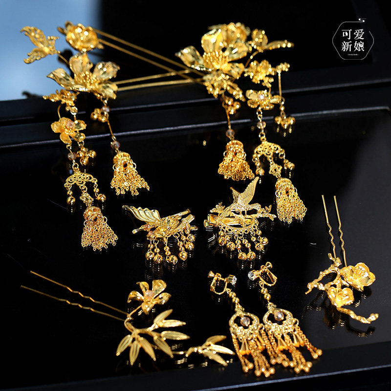 中式新娘秀禾头饰高级感大气金色复古花朵流苏发饰晨袍龙凤褂配饰