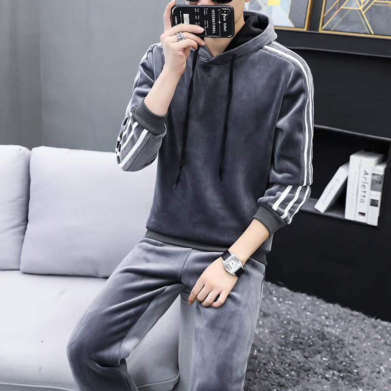潮牌金丝绒套装男加绒加厚秋冬季2025年新款时尚连帽卫衣运动跑步