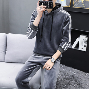 潮牌金丝绒套装男加绒加厚秋冬季2025年新款时尚连帽卫衣运动跑步