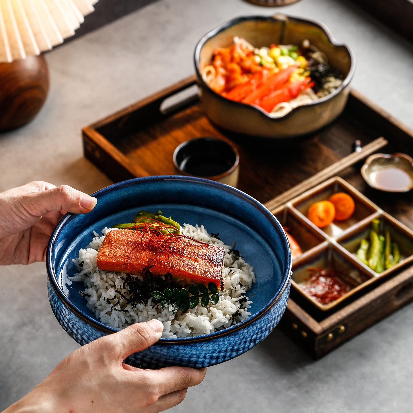 日式侘寂风轻食套装餐具家用简餐木质托盘减脂一人食民宿早餐盘子