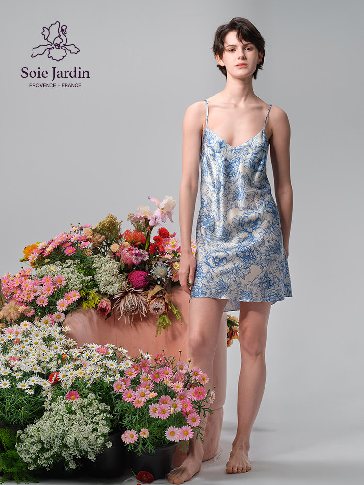 soie jardin3#蓝牡丹新款热卖真丝单色印花吊带裙丝绸奢华家居服