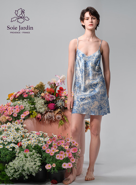 soie jardin3#蓝牡丹新款热卖真丝单色印花吊带裙丝绸奢华家居服