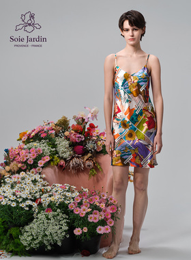 soie jardin5#南法插画系列联名波普艺术连环画真丝印花吊带睡裙