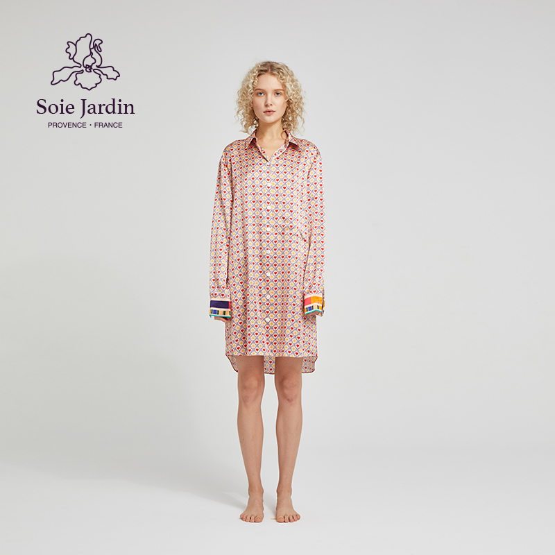 soie jardin3#LOVER宽松慵懒风休闲家居服印花真丝长袖衬衫裙