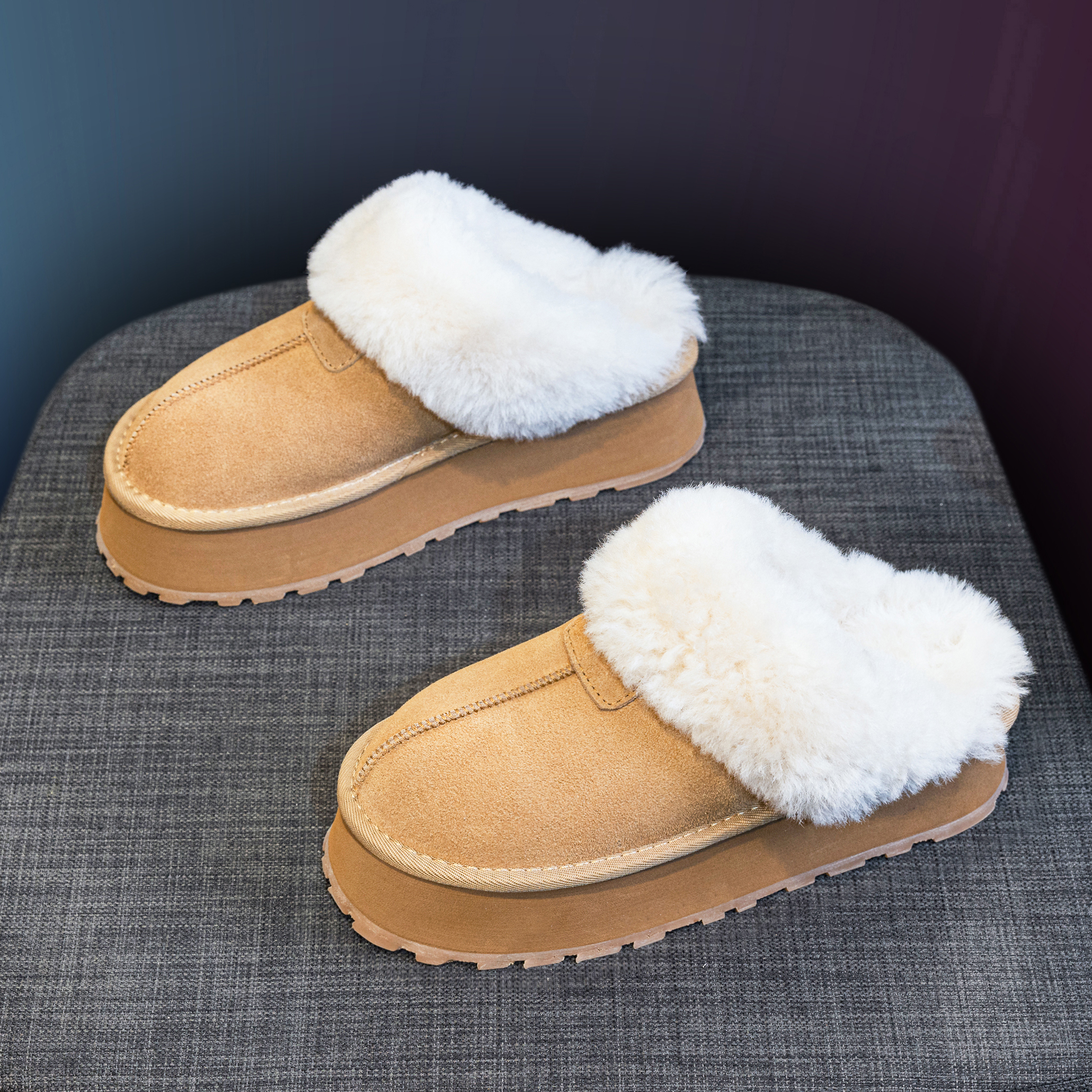 头层牛皮半拖棉鞋女羊毛雪地靴