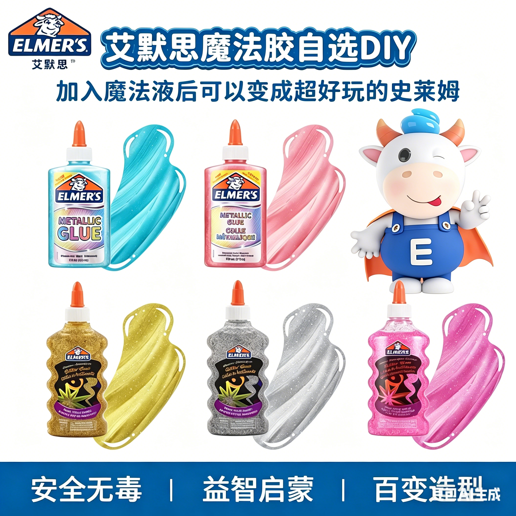 艾默思Elmer's牛头闪粉胶夜光胶橡皮泥水晶泥彩泥戳戳泥史菜姆儿童手工DIY制作玩具手工胶水材料儿童玩具礼品