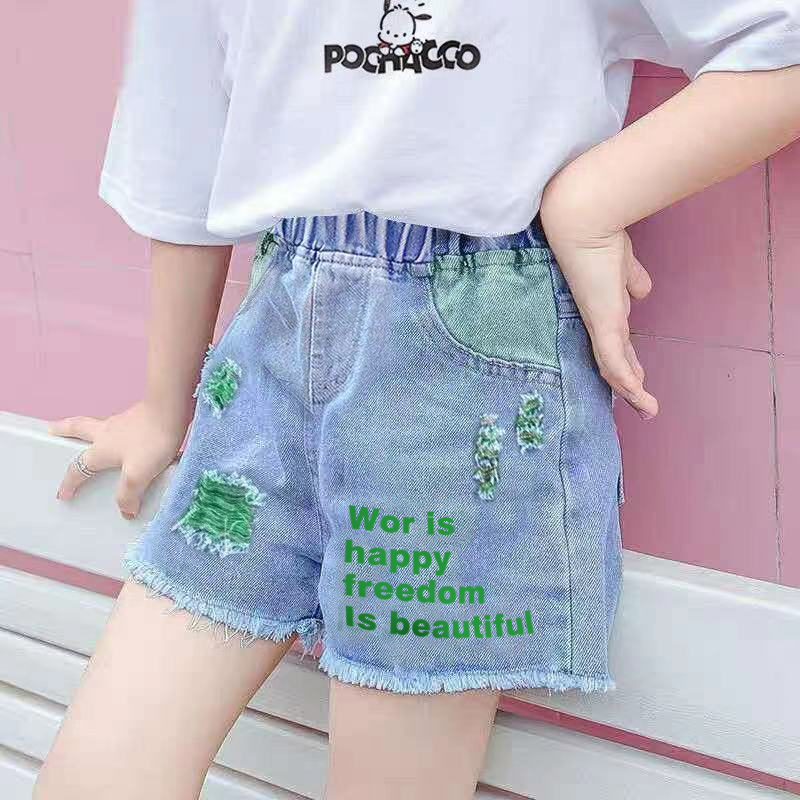 2024夏季新款女童牛仔短裤儿童高腰破洞中大童休闲外穿宽松薄热裤
