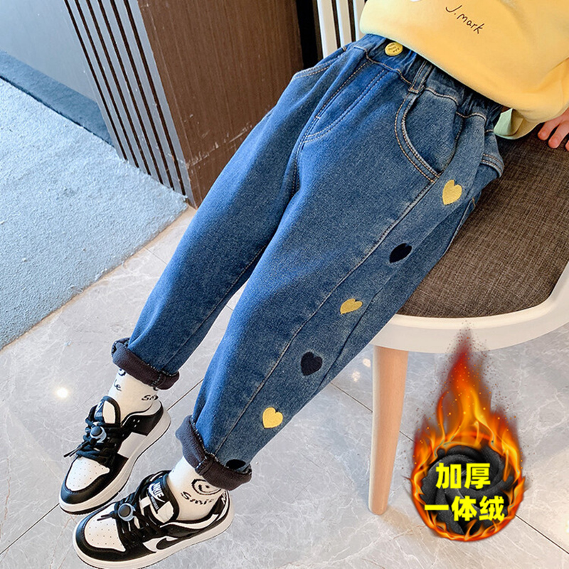 女童加绒牛仔裤冬季新款宝宝外穿加厚一体绒中小儿童弹力宽松裤子