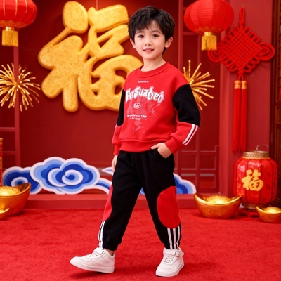 男童潮帅气时髦套装儿童卫衣保暖加绒秋冬装2026新款男孩过年衣服