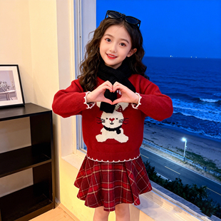 女童红色套装2026新款秋冬装儿童洋气时髦喜庆毛衣女宝裙子两件套