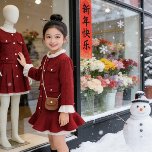 女童小香风连衣裙秋冬装2026新款红色公主裙儿童洋气时髦加绒裙子
