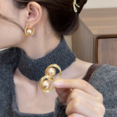法式 复古香槟珠珠耳环女轻奢气质高级感C型耳圈耳钉时尚 气质耳饰