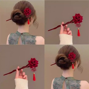 红玫瑰~新年国风红色花朵流苏发簪高级感盘发发饰簪子女汉服头饰