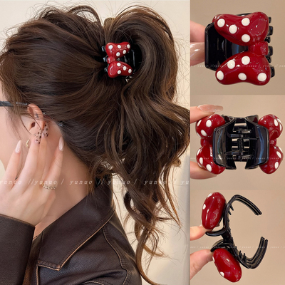 红色波点蝴蝶结高马尾抓夹鲨鱼夹