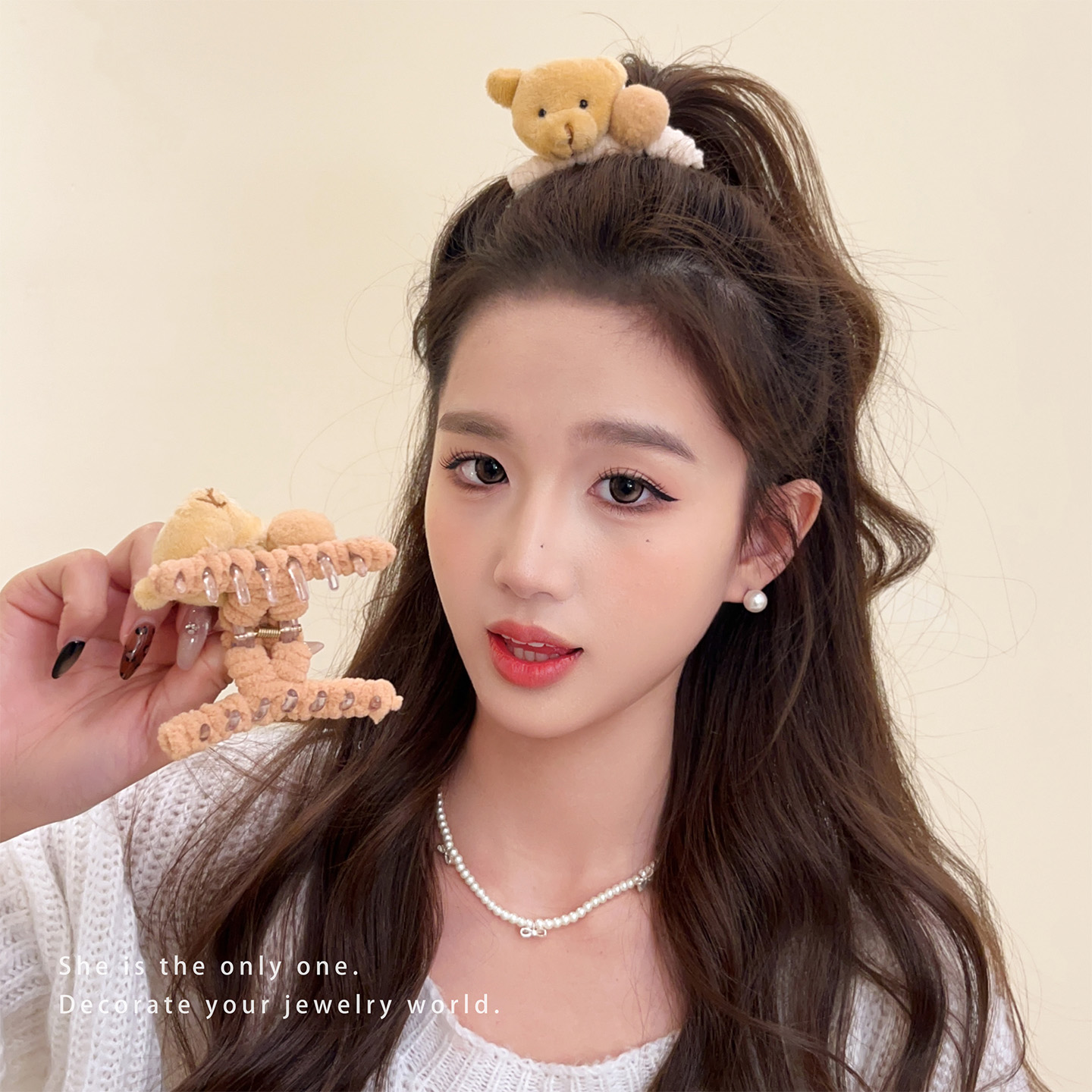 小熊毛球半扎发发夹秋冬毛绒抓夹