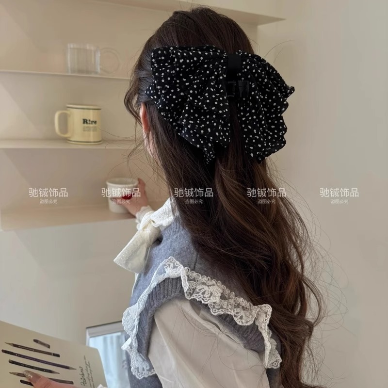 法式复古波点蝴蝶结发夹女后脑勺