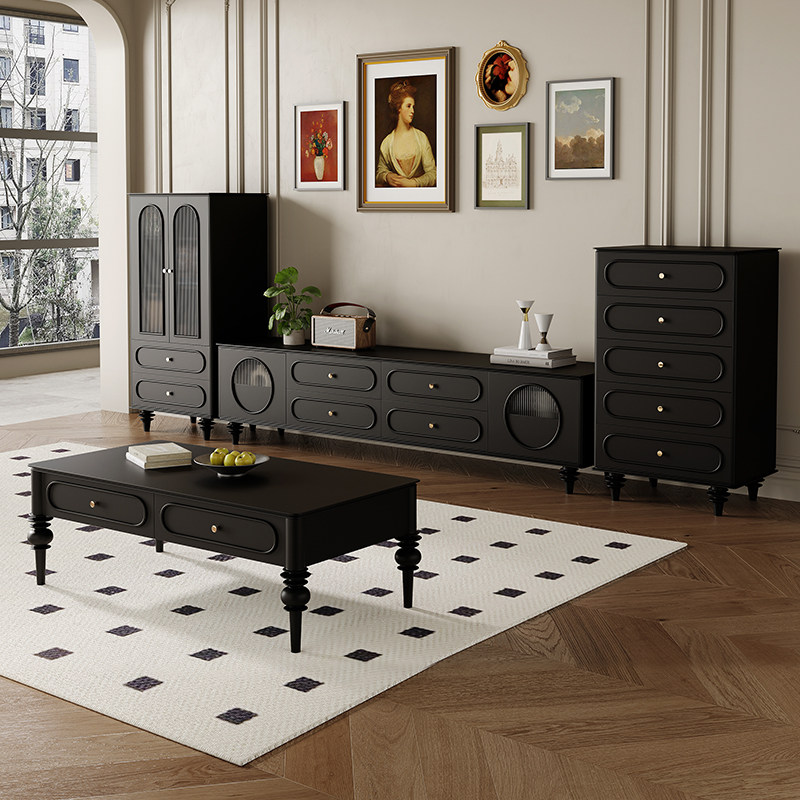 法式复古电视柜茶几组合客厅新款中古风黑色电视机柜家用实木地柜,住宅家具,电视柜,淘宝优惠券,粉丝福利购,淘宝优惠卷