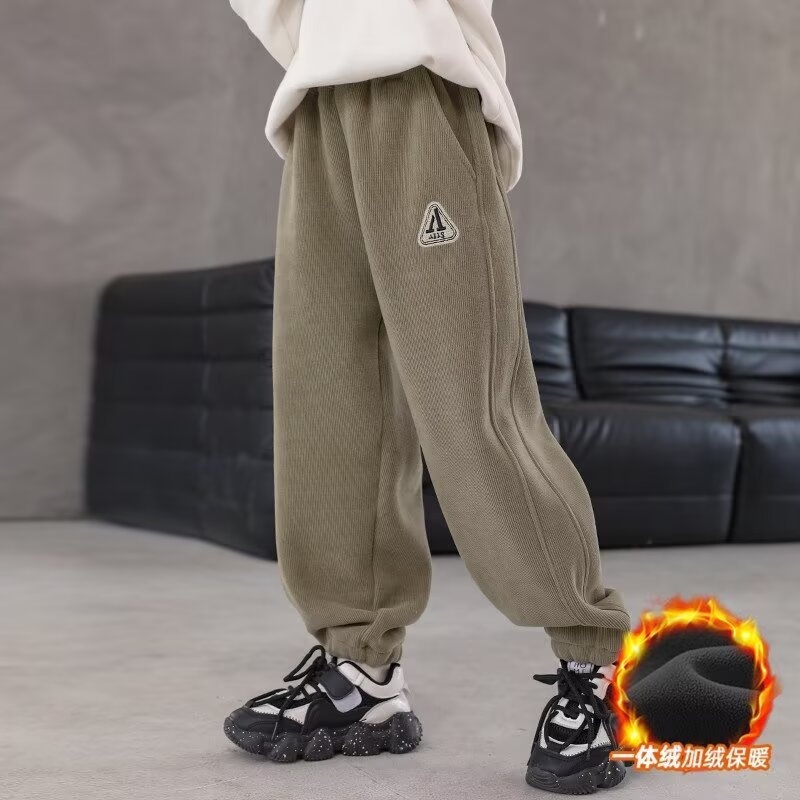 儿童装男童加绒裤子秋冬款2024韩版新款男孩一体绒中大童灯芯绒