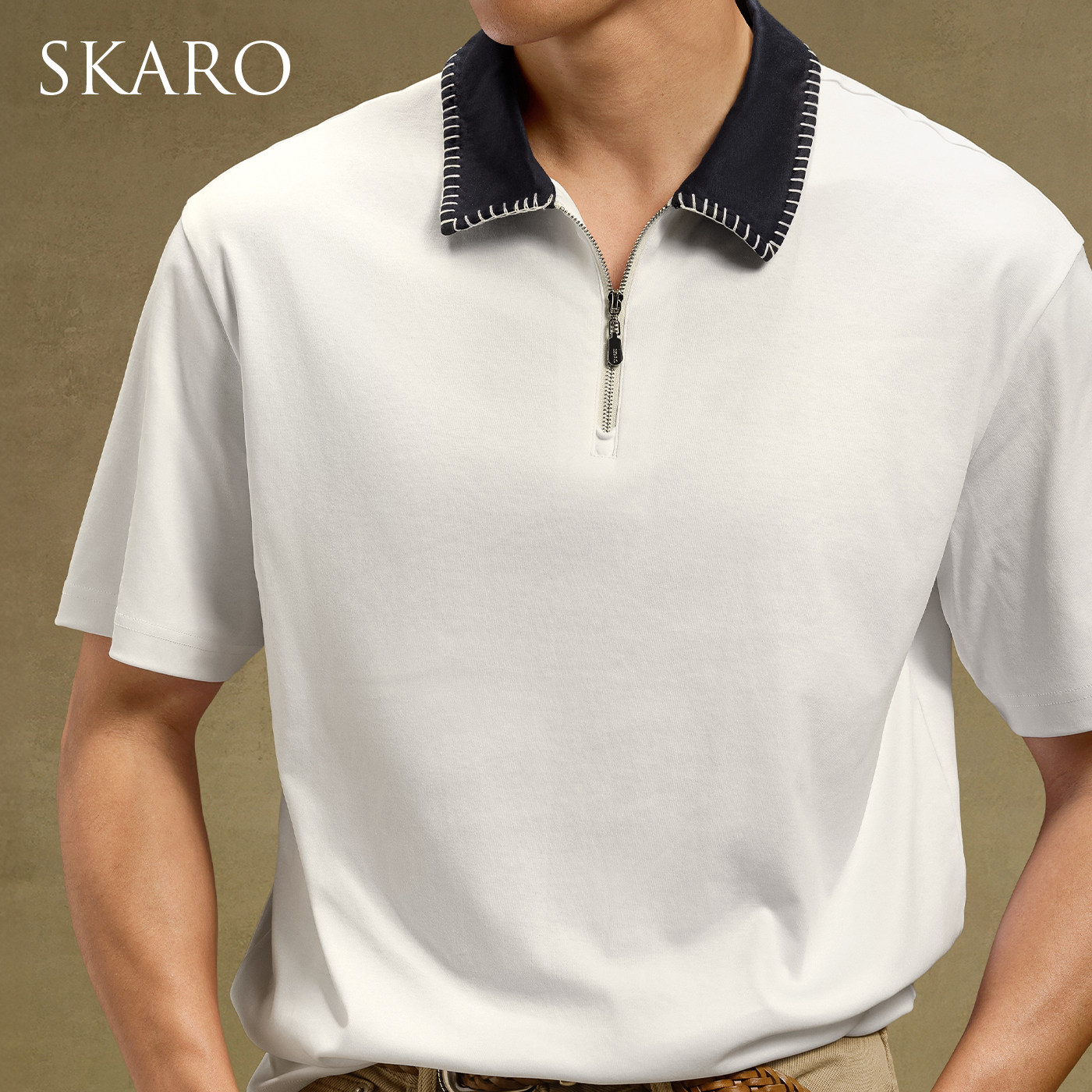 【100%纯棉】SKARO拼色半拉炼Polo衫男春夏休闲复古薄款短袖T恤