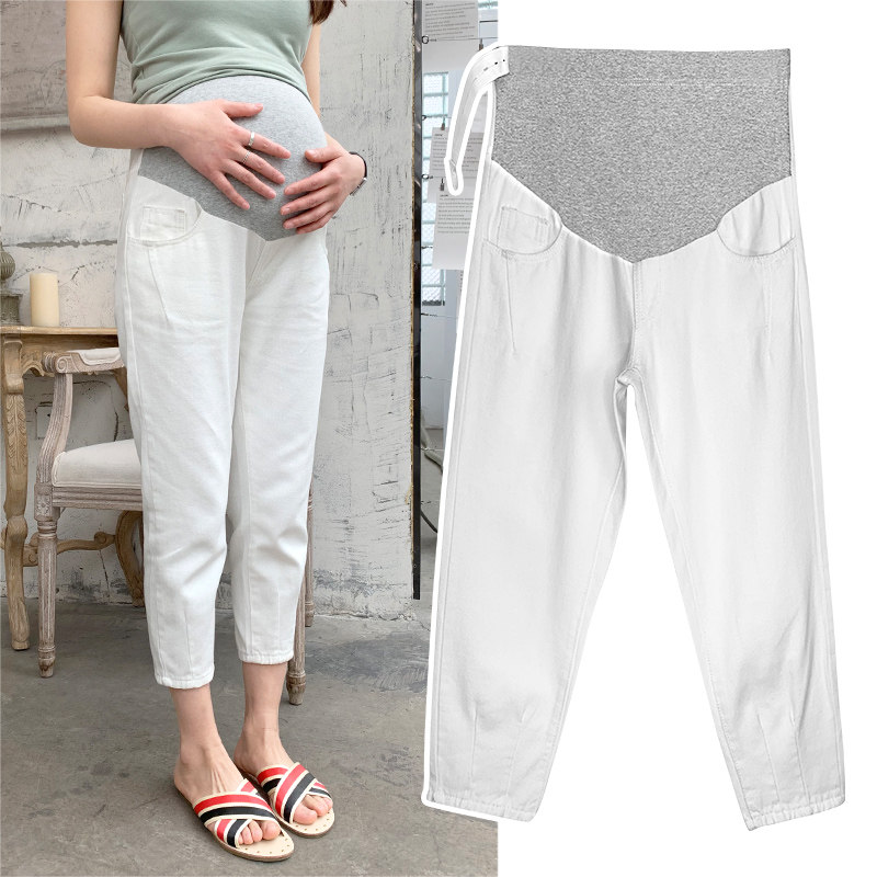 孕妇裤子春秋薄款外穿潮妈孕妇白色牛仔裤夏季宽松九分老爹裤春装